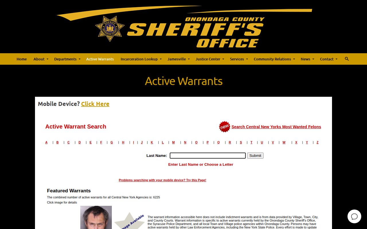 Onondaga County Sheriff Active Warrants official lookup page